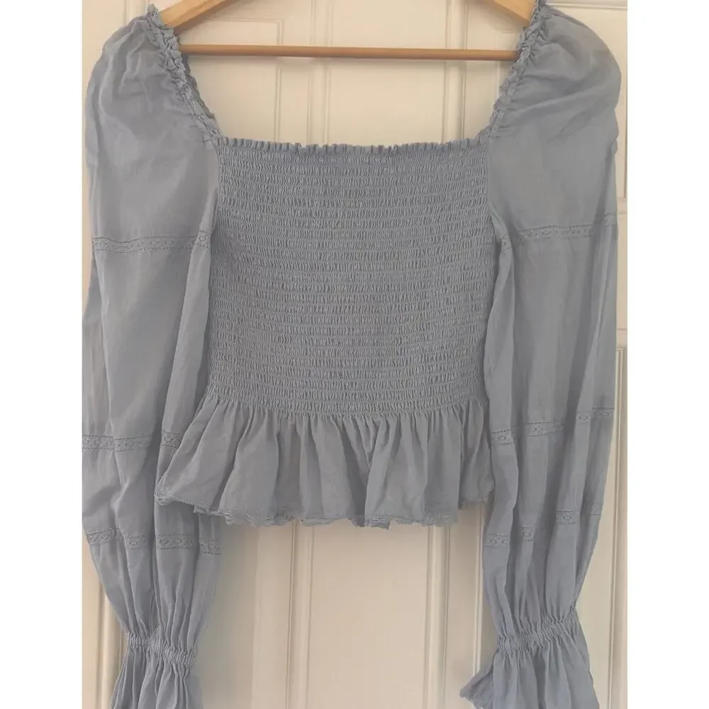 Reformation Roland‎ XS blue Mineral Square Neck Smocked Ruffle Peasant Blouse